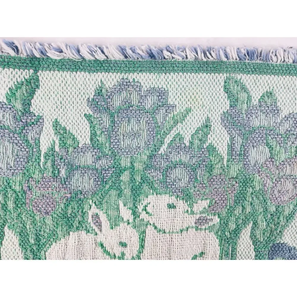 Bunnies Tulips Tapestry Folk Art Table Runner Easter Woven Spring Purple Green P
